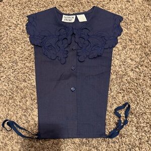 Vintage Fashion Front Navy Linen Wrap Layering Blouse
